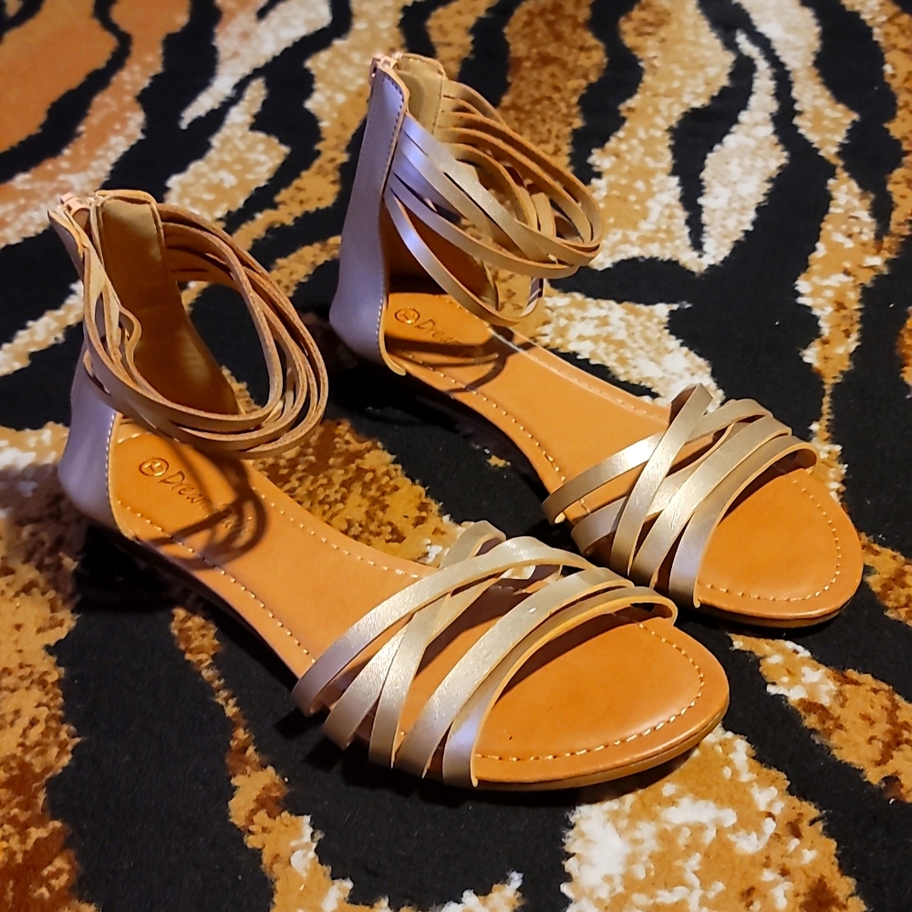 Brush Gold Leather Multi Strap Ankle Cuff Sandals